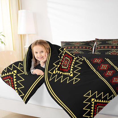 Western Aztec Queen Size Comforter Set, Native American Navajo Bedding Set for Boys Adult Teens, Southwestern Geometric Quilt Ethnic American Native Duvet Insert Rustic Farmhouse Decor,Black Yellow