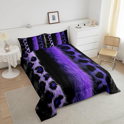 jejeloiu 3D Purple Leopard Bedding Set Queen Size Adult Leopard Comforter Set for Boys Girls Animal Print Duvet Set Wild Animal Fur Quilt Set 3Pcs