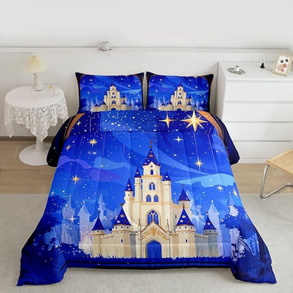 Manfei Princess Theme Kids Comforter Set King Size,Cartoon Castle Girlish Bedding Set,Girls Women Room Decor,Glitter Starry Sky Galaxy Dreamy Down Comforter,Blue Romantic Duvet Insert,2 Pillowcases