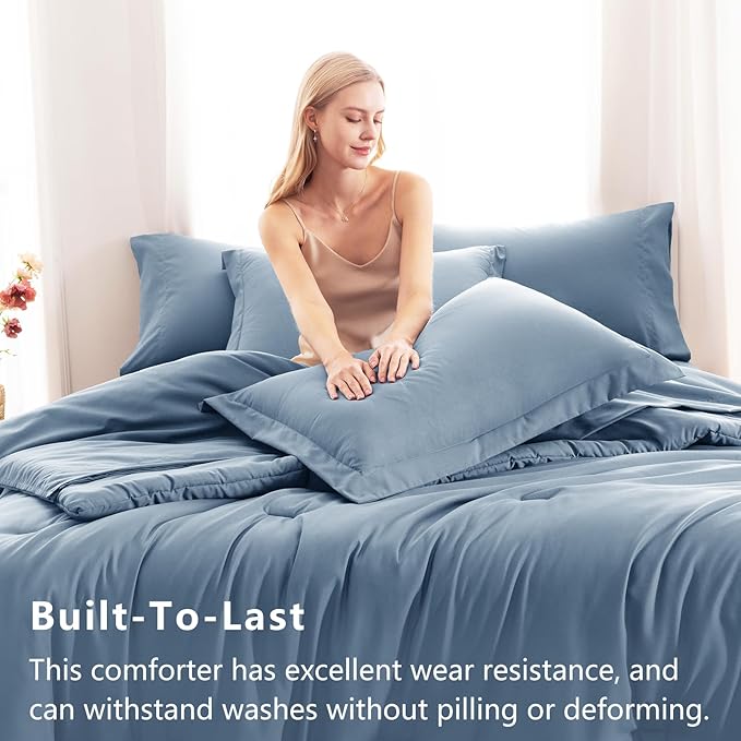 CozyLux Oversized King Comforter Set Grayish Blue, 7 Pieces Bed in a Bag Comforter Set with Sheets, Soft Bedding Sets with Down Alternative Comforter, Fitted Sheet, Flat Sheet, Pillowcases and Shams