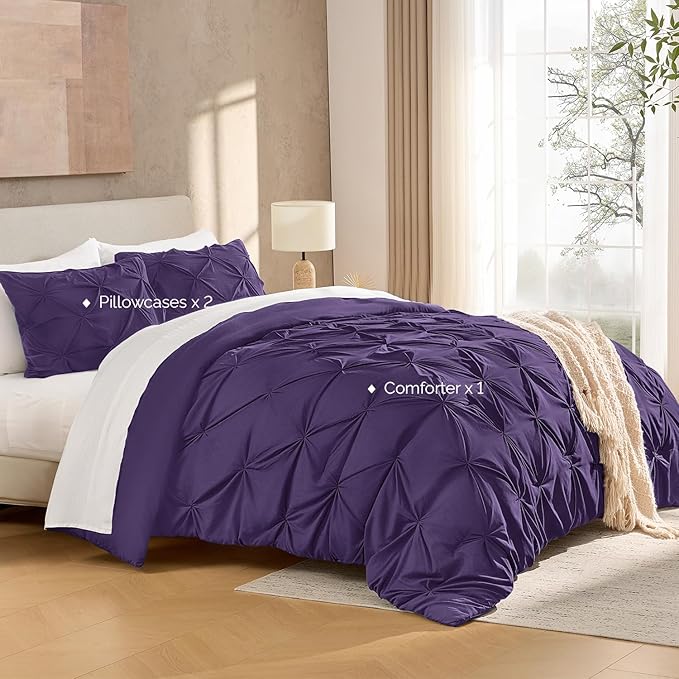 Andency California King Comforter Set Purple (104x96Inch), Pinch Pleat Cal King Comforter Set 3 Pieces, Oversized King Pintuck Bed Comforter, Microfiber Down Alternative Comforter Bedding Set