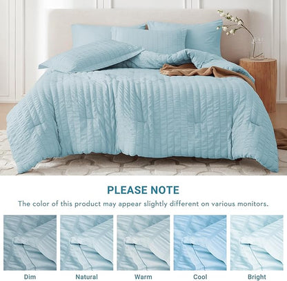 MUXHOMO 7 Pieces Queen Comforter Set, Seersucker Bed in a Bag Queen Size, All Season Luxury Bedding Set with Comforter, Flat Sheet, Fitted Sheet, Pillowcases & Shams, Lake Blue