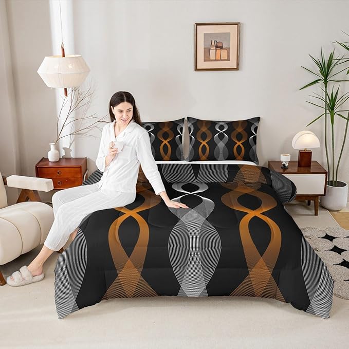 Erosebridal Orange and Black Queen Comforter Set, Orange Striped Abstract Bedding Set, Geometric Stripes Artistic Wavy Line Comforter for Women Men Teens Bedroom, Contemporary Boho Modern Art Quilt