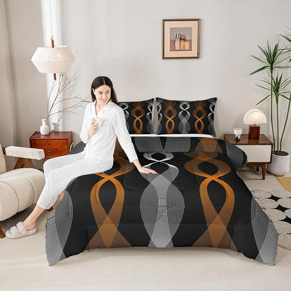 Erosebridal Orange and Black Bedding Set Twin, Orange Striped Abstract Comforter Set, Geometric Stripes Artistic Line Comforter for Women Men Teens Bedroom, Contemporary Boho Modern Art Quilt