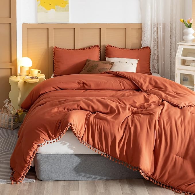 YIRDDEO Full Size Comforter Sets - Full Size Comforter with Ball Pom Fringe, Soft Bedding Set for All Seasons - 3 Pieces, 1 Comforter (79"x90") & 2 Pillow Shams(20"x26"), Terracotta