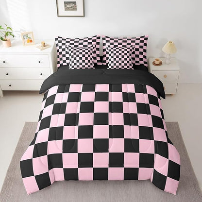 Feelyou Checkered 7 Piece Bedding Set Teen Pink Black Plaid Comforter Set with Sheets Twin Size Kids Boys Cute Retro Neutral Checkerboard Geometric Bed in a Bag Vintage Aesthetic Room Decor