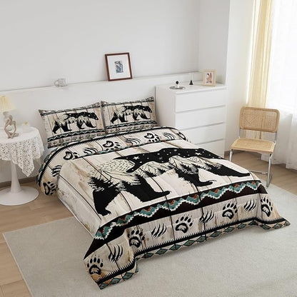 Feelyou Bear Bedding Set Wild Animal Hunt Comforter Set for Kids Boys Girls Boho Southwestern Comforter Rustic Wood Print Quilt Set Room 3Pcs Queen Size