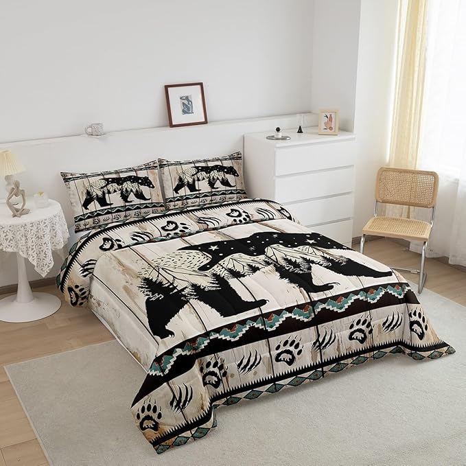 Feelyou Bear Bedding Set Wild Animal Hunt Comforter Set for Kids Boys Girls Boho Southwestern Comforter Rustic Wood Print Quilt Set Room 3Pcs King Size