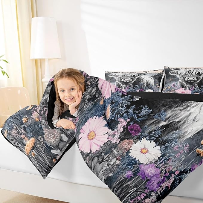 Erosebridal Highland Cow Flower Comforter Set Twin Size Bull Cattle Smoky Mountain Bedding Set Western Funny Animal Down Comforter Wildlife Farmhouse Cow Quilted Duvet Grey Pineforest Bedroom Decor