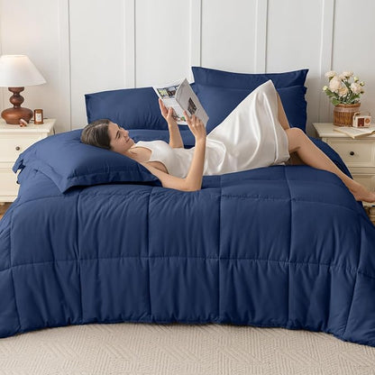 JOLLYVOGUE Full Comforter Set, Ultra-Soft Bed in a Bag Full Size 7 Pieces, Oeko-TEX Certified Bedding Set with Down Alternative Comforter, Sheets, Pillowcases & Shams, Navy