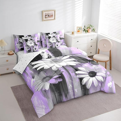 Feelyou Girls Daisy Flower Comforter Set with Sheets Full Size 7 Pieces Kids Butterfly Floral Bedding Set for Boys Women Teens Purple Black Simple Modern Abstract Art Bed in a Bag Room Decor