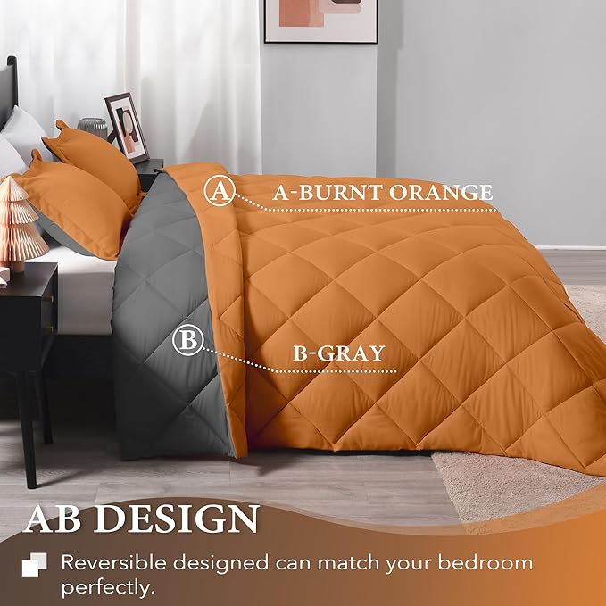 downluxe Queen Comforter Set - Burnt Orange and Grey Queen Comforter, Soft Bedding Sets for All Seasons -3 Pieces - 1 Comforter (88"x92") and 2 Pillow Shams(20"x26")