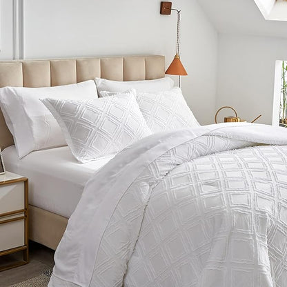 7 Pieces Tufted Bed in a Bag Queen Comforter Set with Sheets White, Soft and Embroidery Shabby Chic Boho Bohemian, Luxury Solid Color with Diamond Pattern, Jacquard Tufts Bedding Set for All Season