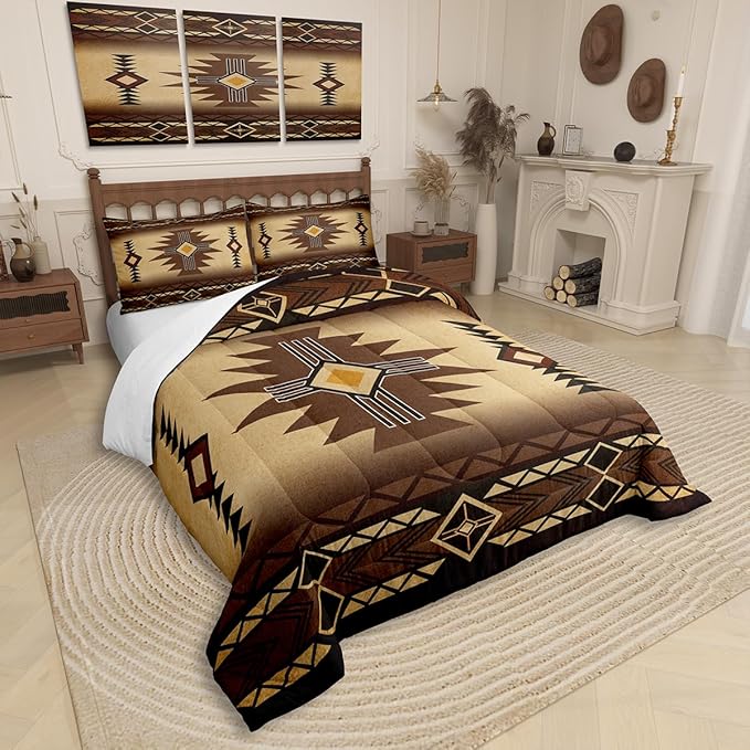 Southwest Bedding Set Full Size,Geometric Aztec Tribal Pattern Comforter Set Vintage Striped Western Quilt Set for Kids Girls Boys Adult Room Decor,Rustic Brown Duvet Insert,2 Pillowcases