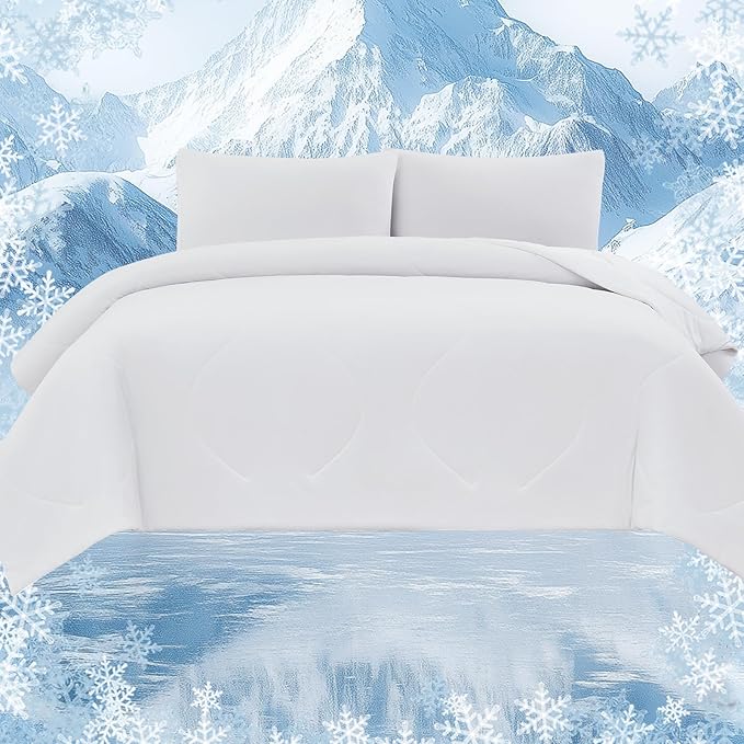 Cooling Comforter Set King- White Reversible Cooling Comforter Set with Sheets - Soft Breath Comforter 4pcs Set (Comforter+Fitted Sheets+2Pillowcases)