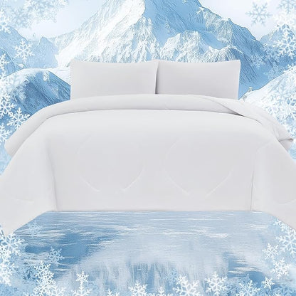 Cooling Comforter Set Twin- White Reversible Cooling Comforter Set with Sheets - Soft Breath Comforter 3pcs Set (Comforter+Fitted Sheets+Pillowcase)