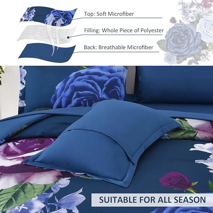Drucon Blue Floral Comforter Set King, 7 Pieces Bed in a Bag Botanical Floral Comforter Soft Microfiber Dark Blue Bedding Set King Size Bed with Sheet and Pillowcase
