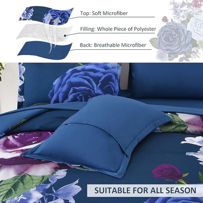Drucon Blue Floral Comforter Set King, 7 Pieces Bed in a Bag Botanical Floral Comforter Soft Microfiber Dark Blue Bedding Set King Size Bed with Sheet and Pillowcase