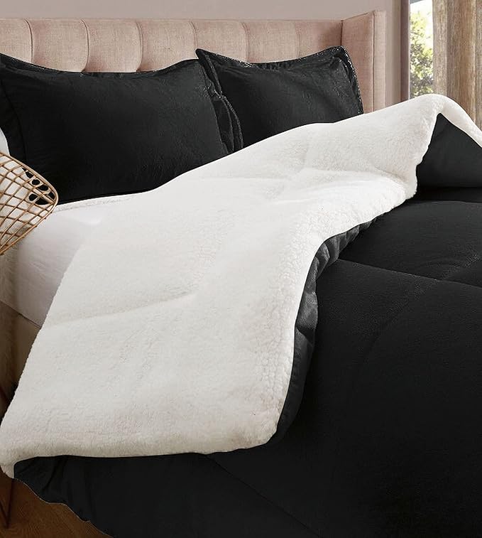 Elegant Comfort Super Soft Sherpa Comforter 2-Piece Set Premium Quality, Heavy Weight Reversible Down Alternative Micro-Suede, Sherpa Comforter, Twin XL, Black Satin