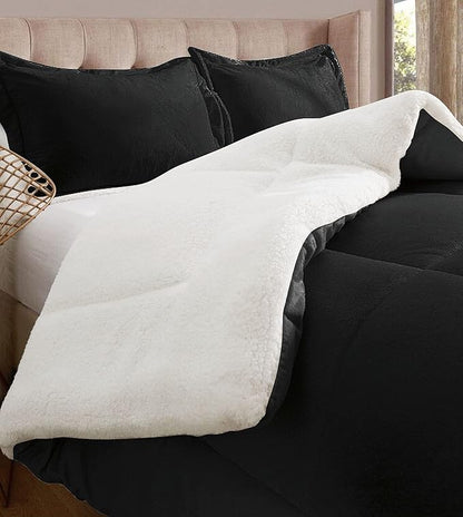 Elegant Comfort Super Soft Sherpa Comforter 2-Piece Set Premium Quality, Heavy Weight Reversible Down Alternative Micro-Suede, Sherpa Comforter, Twin XL, Black Satin