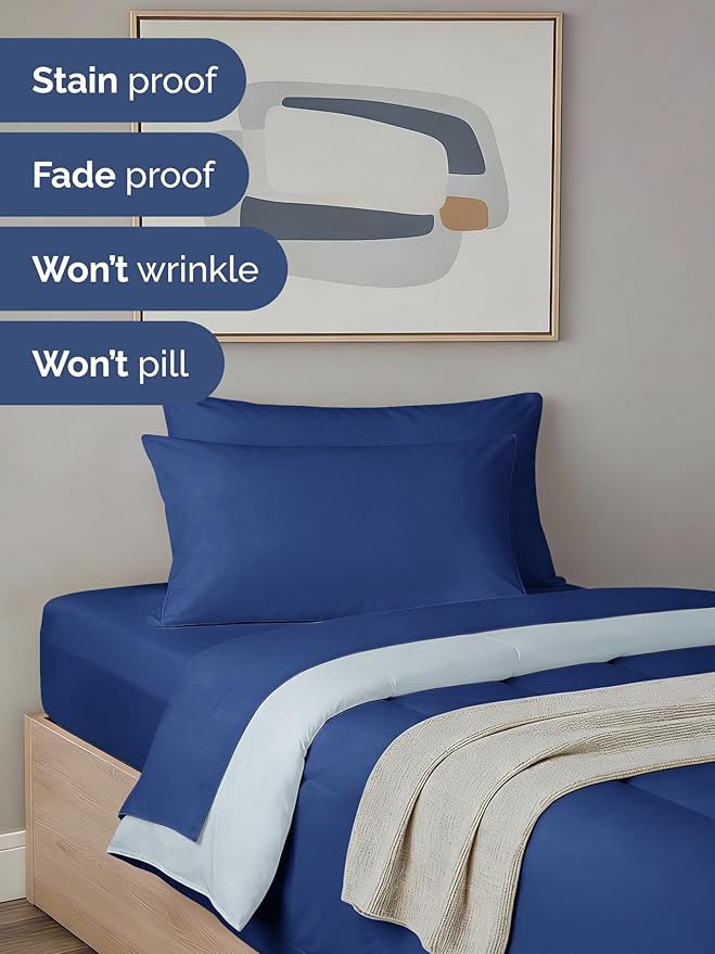 Twin XL Comforter Set - 5 Piece Bed in a Bag Twin XL Size Bed Set - Down Alternative Comforter, Flat Sheet, Fitted Sheet, Pillowcase & Sham for All Seasons - Soft and Breathable - Navy Blue/Sky Blue