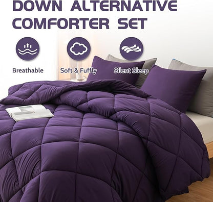 Decroom Lightweight Full Comforter Set with 2 Pillow Sham - 3 Pieces Set - Quilted Down Alternative Comforter/Duvet Insert for All Season - Purple - Full Size
