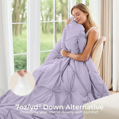 Sasttie King Size Comforter Set, 7-Piece Bed in a Bag, Pintuck Bedding Sets for All Season, Includes Comforter, Flat Sheet, Fitted Sheet, Pillowcases and Pillowshams, Lavender