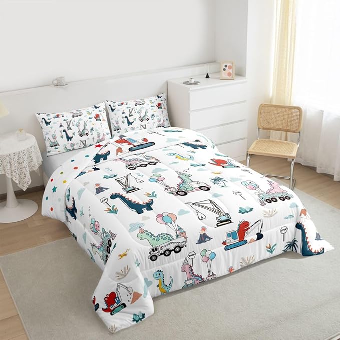 Cartoon Dino Excavator Comforter Set Twin Size, Cartoon Car Dinosaur Construction Comforter Set Kids toddler Construction Vehicles Comforter Construction Site Cars Duvet Set Microfiber Quilt Set
