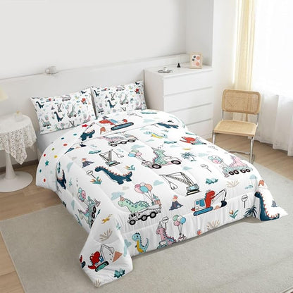 Cartoon Dino Excavator Comforter Set Twin Size, Cartoon Car Dinosaur Construction Comforter Set Kids toddler Construction Vehicles Comforter Construction Site Cars Duvet Set Microfiber Quilt Set