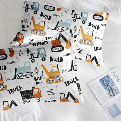 Boys Construction Comforter Set for Kids Teens Full, Hand Drawn Car Excavator Truck Bedding Sets Water Washed Microfiber Bedding with 1 Comforter 2 Pillowcases All Season