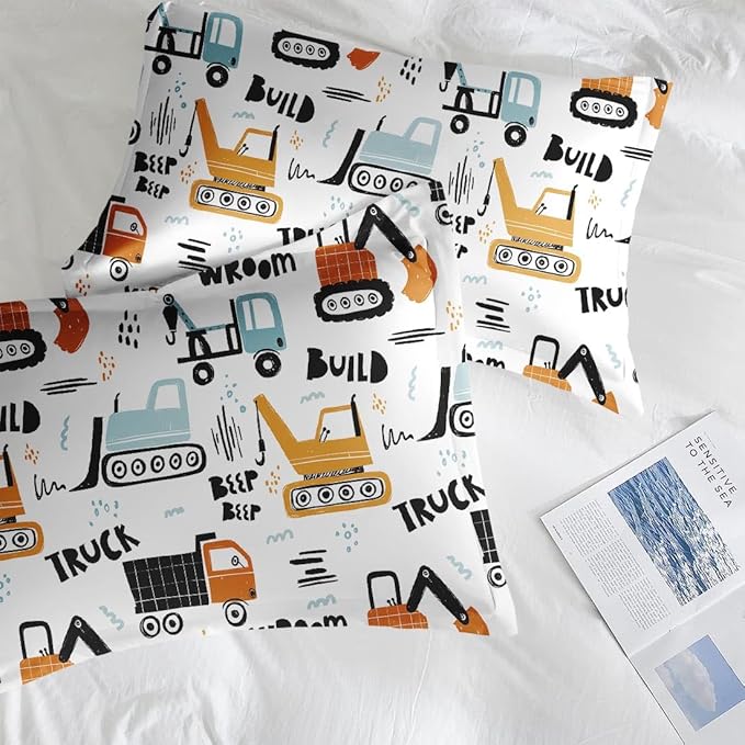Boys Construction Comforter Set for Kids Teens Twin, Hand Drawn Car Excavator Truck Bedding Sets Water Washed Microfiber Bedding with 1 Comforter 1 Pillowcase All Season