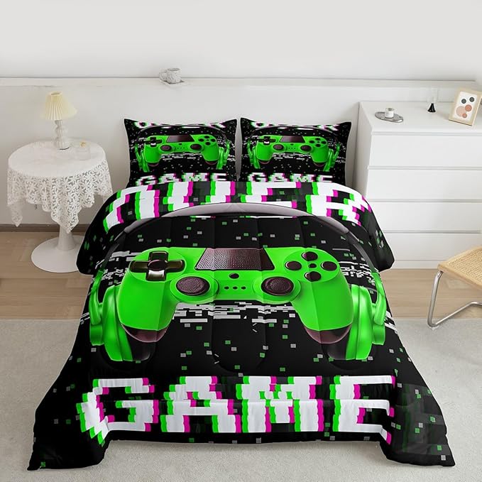 Erosebridal Boys Twin Bedding Sets,Gaming Comforter Sets for Boys Gamer Bedding Set,Toddler Bedding Gaming Bed Kids Comforter Set,Green