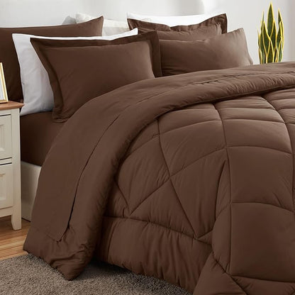 CozyLux Queen Comforter Set Brown - Bed in a Bag Queen Size 7 Pieces, Luxury Soft Bed Set for All Seasons, Bedding Set with Down Alternative Comforter, Sheets, Pillowcases & Shams