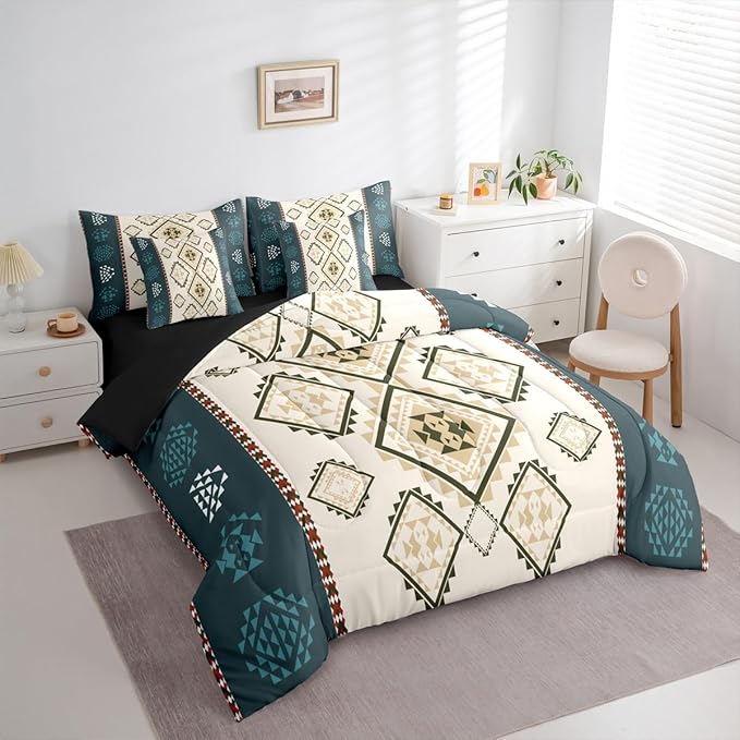 Erosebridal Rustic Southwestern 7 Piece Bedding Set Full Western Aztec Comforter Set Exotic Tribal Geometric Aesthetic Bed in A Bag Bohemian Ethnic Native Quilt with Flat Fitted Sheet Cabin Decor