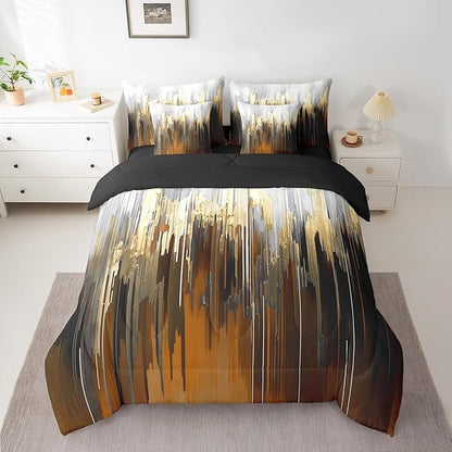 Brown Bedding Queen Size 7-Piece Ombre Abstract Comforter Set, Brush Marks Gradient Bedding Comforter Sets Contemporary Golden Metallic Bed in a Bag, Watercolor Stripe Aesthetic Bedding Accessories