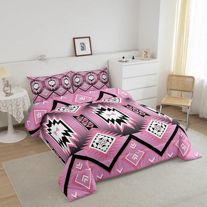 Feelyou Pink Western Comforter Set Southwest Native Tribal King Size Bedding Set for Kids Boys Girls Geometric West Comforter Soft Microfiber Boho Bedroom Decor