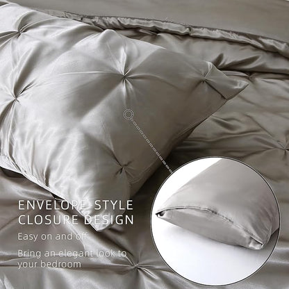 Satin Comforter Set King Size, 3-Piece Light Grey Pinch Pleat Bedding Sets, Comforter, Pillowcases, Offering Exceptionally Soft and Smooth Comfort for All Season Use