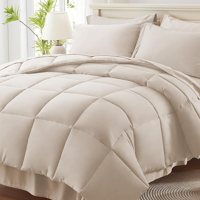 Anluoer King Size Bed in a Bag 7 Pieces, Beige Bed Comforter Set with Sheets, All Season Bedding Sets with 1 Comforter,2 Pillow Shams,2 Pillowcases, 1 Flat Sheet, 1 Fitted Sheet