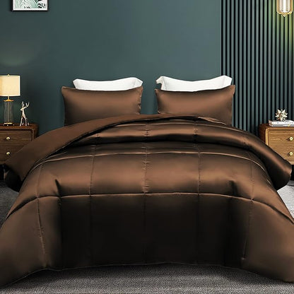 Whale Flotilla 2-Piece Reversible Silky Soft Twin Size Comforter Bedding Set, Luxurious Satin Comforters with Satin Pillowcase, Lightweight Duvet for All Seasons, Brown
