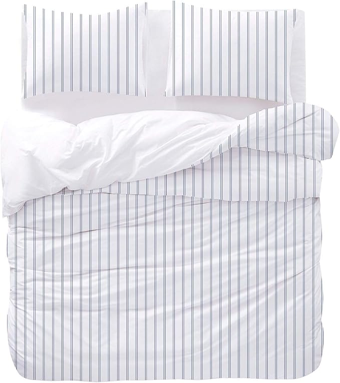 Wake In Cloud - Striped Comforter Set, Ticking Stripe Vertical Pinstripe Neutral Farmhouse Pattern Printed, Soft Lightweight Bedding, 3 Pieces, Navy White, Queen Size