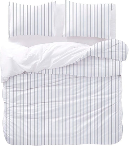 Wake In Cloud - Striped Comforter Set, Ticking Stripe Vertical Pinstripe Neutral Farmhouse Pattern Printed, Soft Lightweight Bedding, 3 Pieces, Navy White, Twin Size