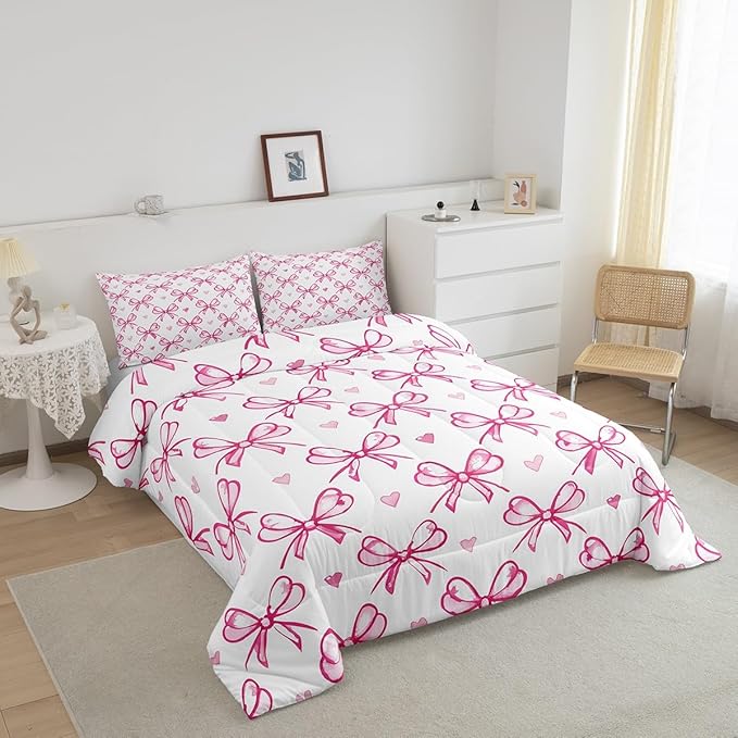 Pink Bow Girlish Kids Comforter Set Queen Size,Bowknot Love Heart Hand Paint Cute Bedding Set,Girls Women Room Decor,Princess Style Bow Tie Down Comforter,Girly Romantic Duvet Insert,2 Pillowcases
