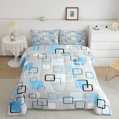 Erosebridal Cool Blue Geometric Square Kids Comforter Sets Abstract Minimalist Stripes Full Bedding Set for Girls Boys Modern Plaid Comforter Set Checkered Aesthetic Quilt Duvet 3 Pcs