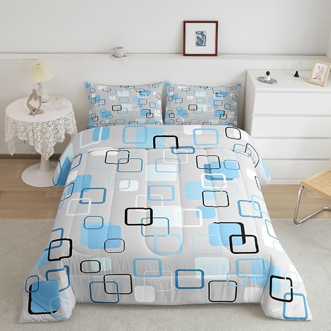 Erosebridal Cool Blue Geometric Square Kids Comforter Sets Abstract Minimalist Stripes Queen Bedding Set for Girls Boys Modern Plaid Comforter Set Checkered Aesthetic Quilt Duvet 3 Pcs