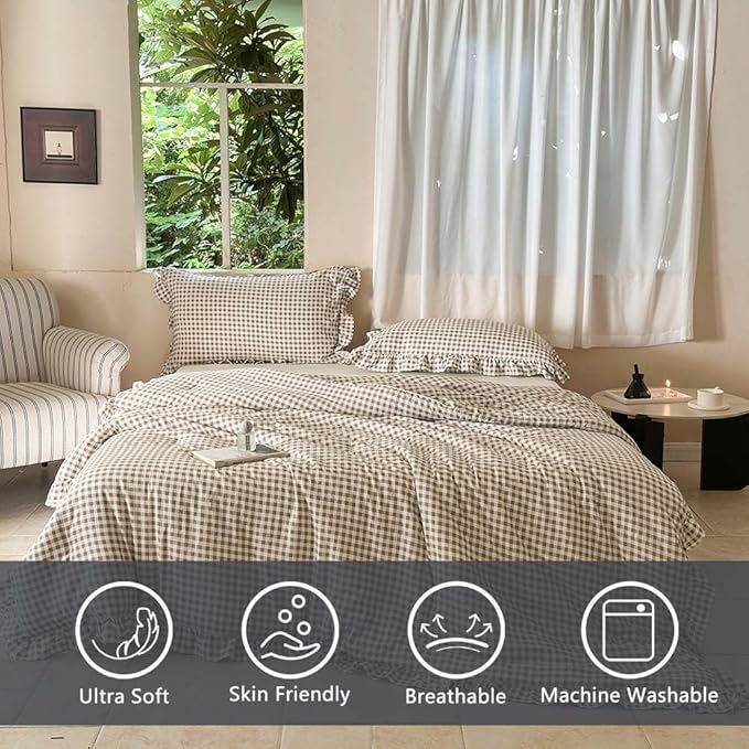 NSNLGSGC Tan Ruffle Gingham Comforter Set Twin, Pre-Washed Ruffled Taupe Plaid Checked Comforter Bedding, 2 Pieces Vintage Farmhouse Grid Bedding Set(Tan Gingham, Twin)