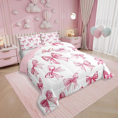 Erosebridal Kawaii Bowknot Girls Bedding Set Dreamy Princess Style Comforter Set King for Kids Teen Women,Girly Cute Bow Bedding Comforter Sets Pink Bow Tie Bed Duvet Set 2 Pillow Cases