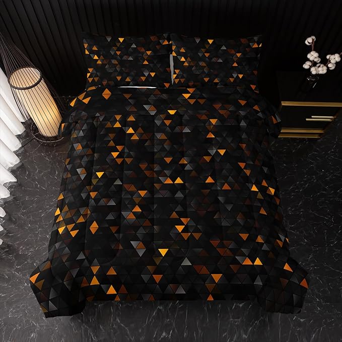 Geometric Yellow Black Comforter Set,Triangle Honeycomb 3 PCS Bedding Set King Size for Teen Adult,Modern Quilt Set Geometry Decor,Microfiber Lightweight 1 Comforter 2 Pillowcases