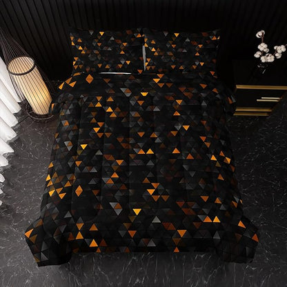 Geometric Yellow Black Comforter Set,Triangle Honeycomb 3 PCS Bedding Set King Size for Teen Adult,Modern Quilt Set Geometry Decor,Microfiber Lightweight 1 Comforter 2 Pillowcases