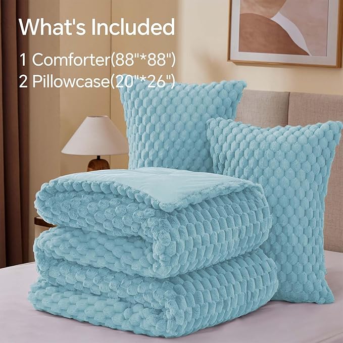 BEDELITE Fluffy Queen Comforter Set - Dusty Blue Fleece Soft Comforter for Queen Size Bed, Luxury Warm Bedding Set for Winter, Fuzzy Bed Set 3 Pieces (1 Comforter, 2 Pillowcases)