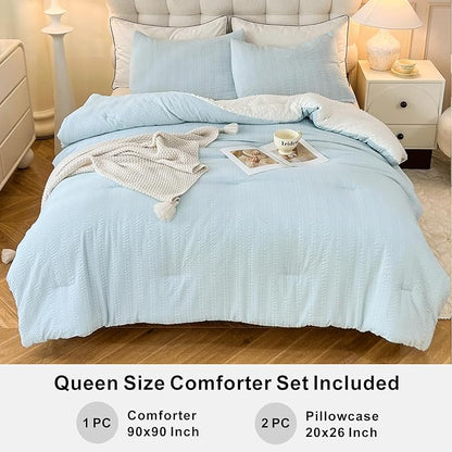 Boho Comforter Set Queen Size Striped Pleats Bohemian Seersucker Bedding Set All Season Soft Cozy 3 Pieces Quilt with 2 Pillowcases(90"X90" Light Blue)